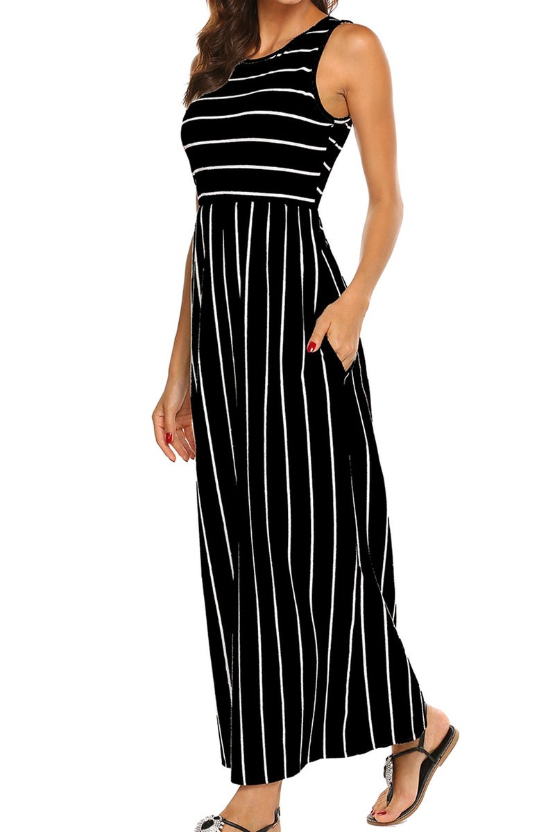 Hount Summer Dresses for Women 2025 Casual Sleeveless Round Neck Striped Tank Maxi Sun Dress with Pockets (Black, Large) - Image 1
